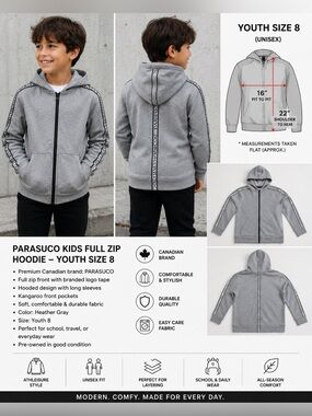 Parasuco Kids Gray Full Zip Hoodie Logo Tape Jacket Youth Size 8 Montreal Canada